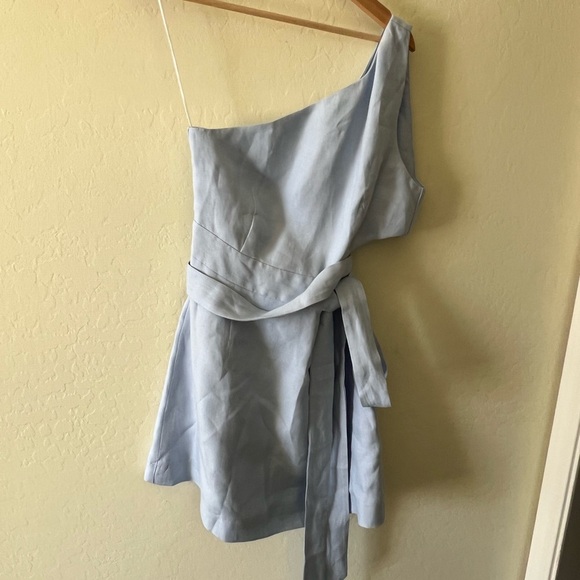 Bondi Born Mytros cutout blue 100% organic linen wrap sash mini dress - Picture 5 of 6